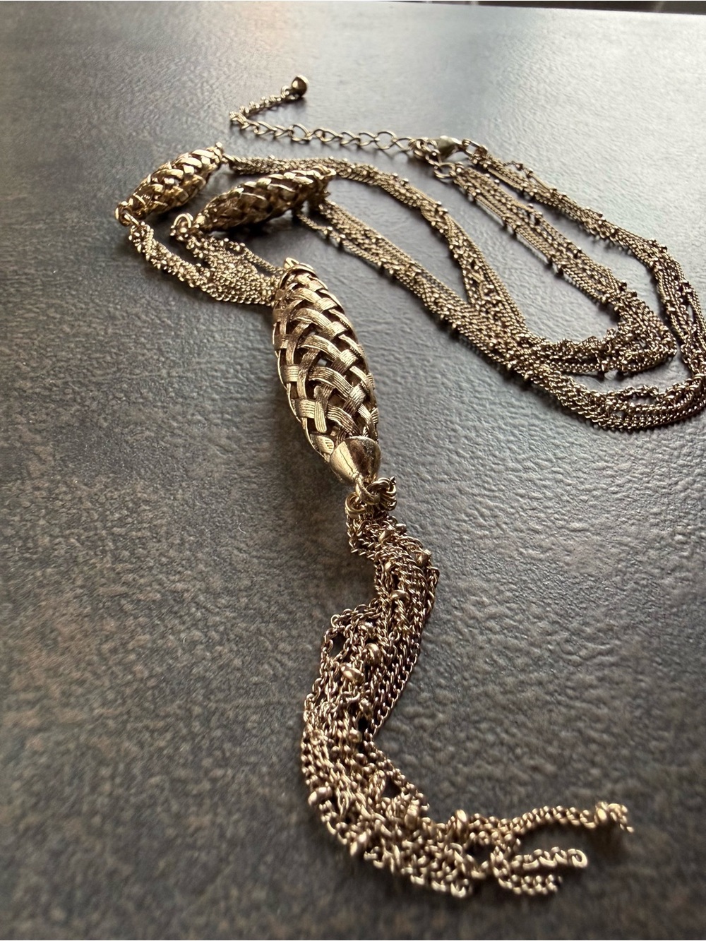 Antique Brass Multi Chain Y Necklace Tassel Pendant.